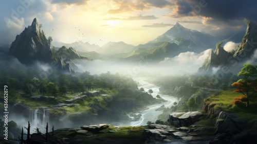 Beautiful Japanese mountainous terrain with fog in the background game art