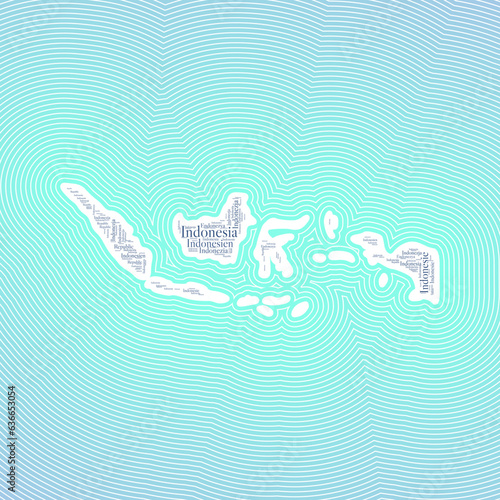 Indonesia shape formed by country name in multiple languages. Indonesia border on stylish striped gradient background. Vibrant poster. Powerful vector illustration.
