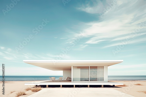 A minimalist beach house overlooking the ocean. Generative AI