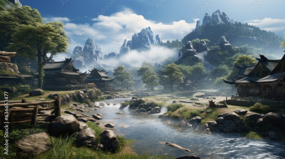 Obraz premium Beautiful Japanese mountainous terrain with fog in the background game art