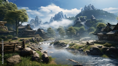 Beautiful Japanese mountainous terrain with fog in the background game art