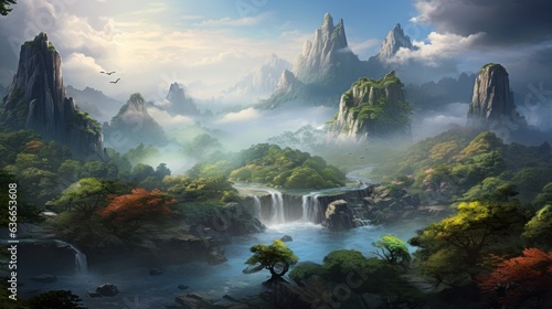 Beautiful Japanese mountainous terrain with fog in the background game art