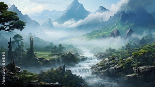 Beautiful Japanese mountainous terrain with fog in the background game art