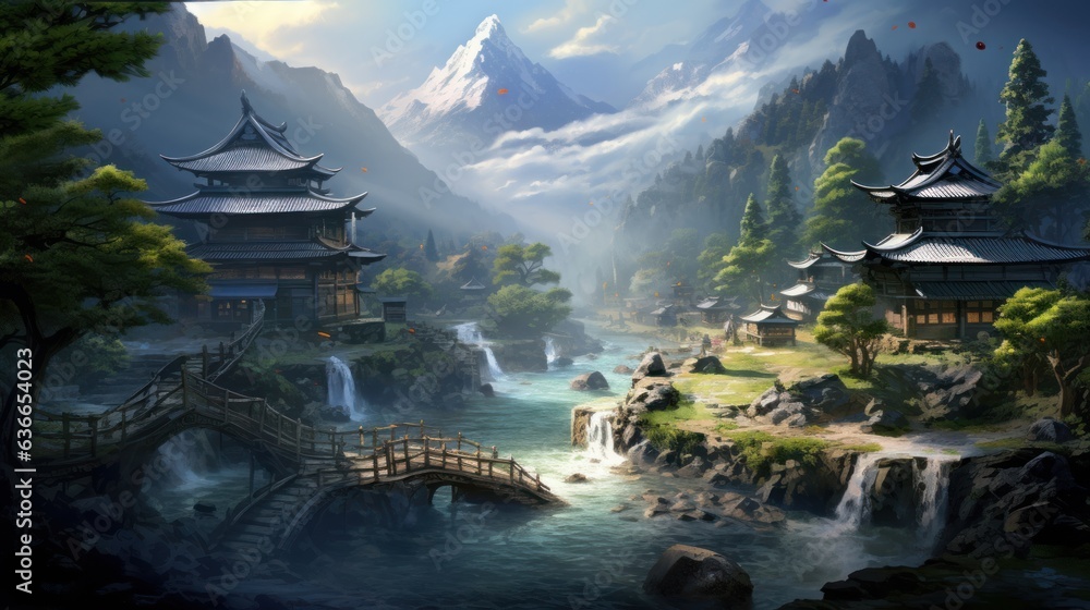 Fototapeta premium Beautiful Japanese mountainous terrain with fog in the background game art