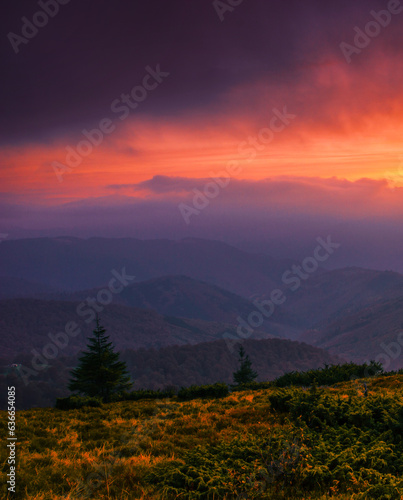 scenic autumn sunrise image in mountains, autumn morning dawn, nature colorful background, Carpathians mountains, Ukraine, Europe   © Rushvol