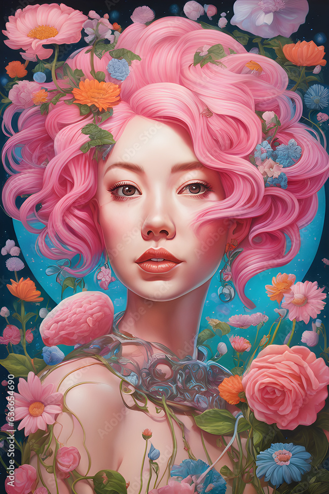 Woman with pink hair and flowers painting