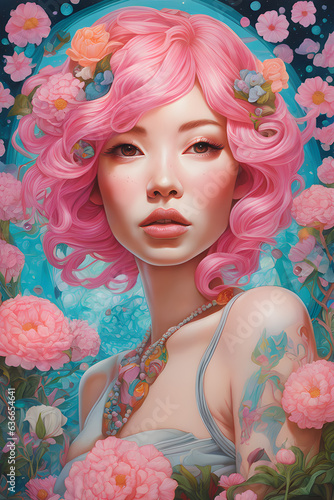 Woman with pink hair and flowers painting