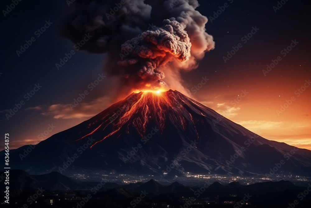 Volcano eruption at night