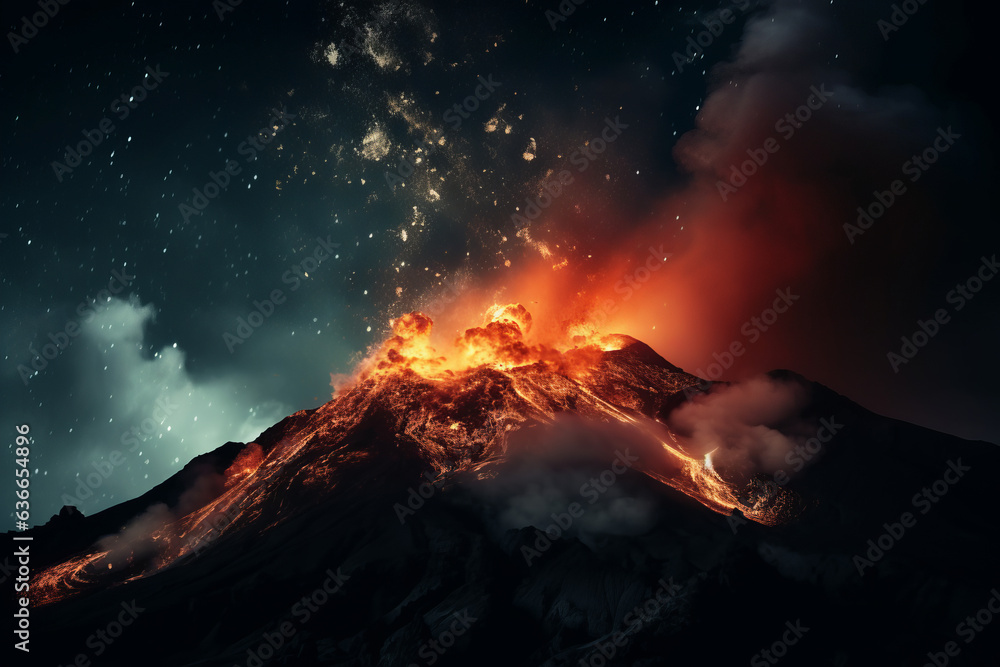 Volcano eruption at night - obrazy, fototapety, plakaty 