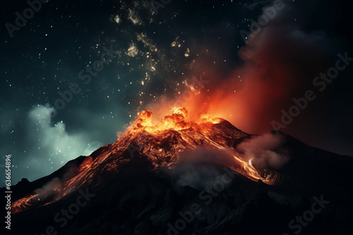Volcano eruption at night