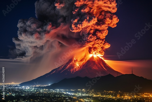 Volcano eruption at night photo