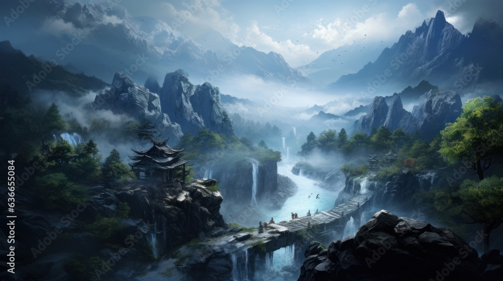 Obraz premium Beautiful Japanese mountainous terrain with fog in the background game art