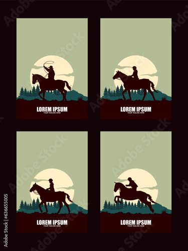 Set of american cowboy riding horse