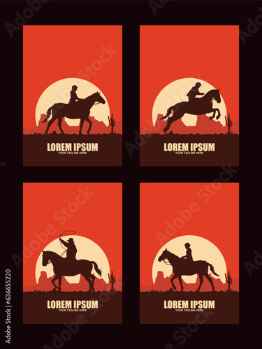 Set of American cowboy riding horse and throwing lasso
