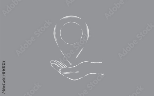 Vector illustration of a label for a card on an outstretched hand. The navigator checks the map. Map location, vector icon on gray background.