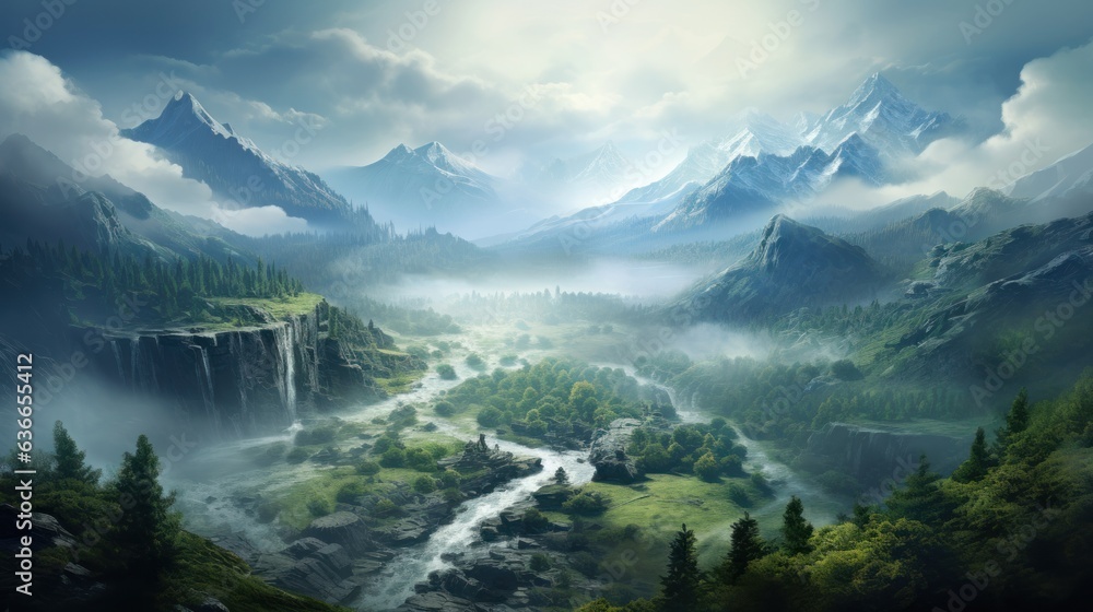 Beautiful Japanese mountainous terrain with fog in the background game art Beautiful Japanese mountainous terrain with fog in the background game art