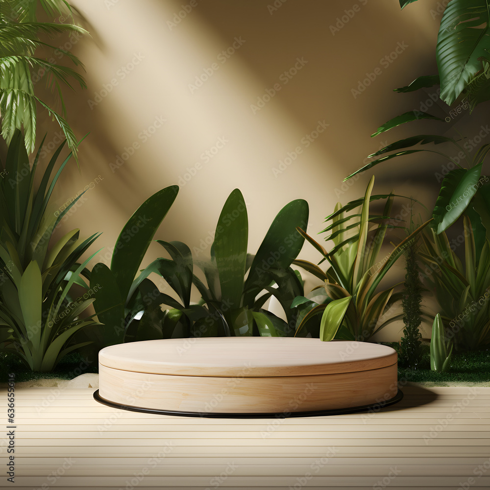 Beige moody Podium stage for products or cosmetics against nature themed beige background and leaves on the wall. Nature themed product advertisement background.