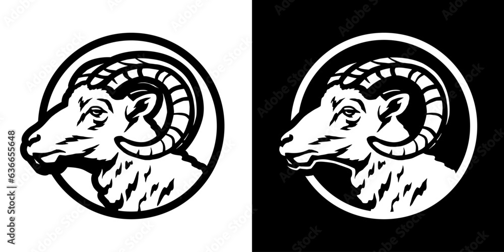 The head of a ram. Round logo, emblem on a black background. The head of a ram. Round logo, emblem on a black background.