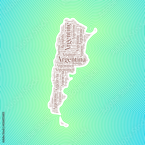 Argentina shape formed by country name in multiple languages. Argentina border on stylish striped gradient background. Vibrant poster. Trendy vector illustration.
