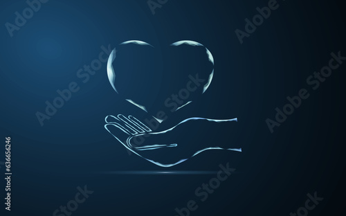 Heart on hand, vector illustration. The frame of the heart in the light, lying on the hand. Heart on the hand on a blue background.
