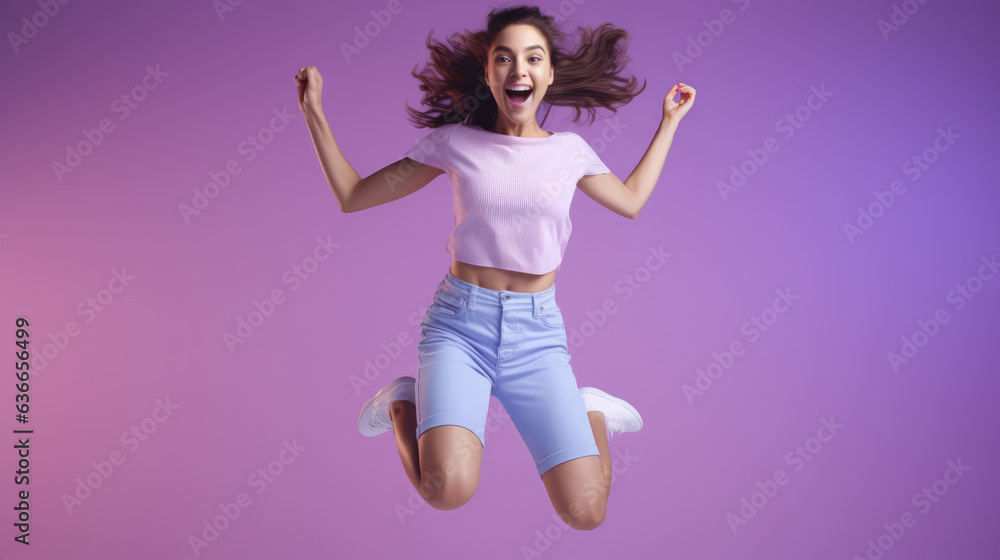 cheerful and funny happy young woman jumping and exiciting in vivid shine violet background studio, generative ai cheerful and funny happy young woman jumping and exiciting in vivid shine violet background studio, generative ai