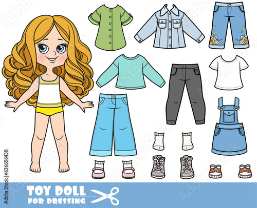 Cartoon girl  with big curls  and clothes separately - long sleeve, shirts, jeans sundress, jacket, boots, jeans and sneakers doll for dressing