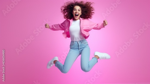 cheerful and funny happy young woman jumping and exicting in vivid shine pink background studio, generative ai