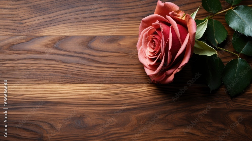 Rose on wood table, topview, Generative AI Rose on wood table, topview, Generative AI