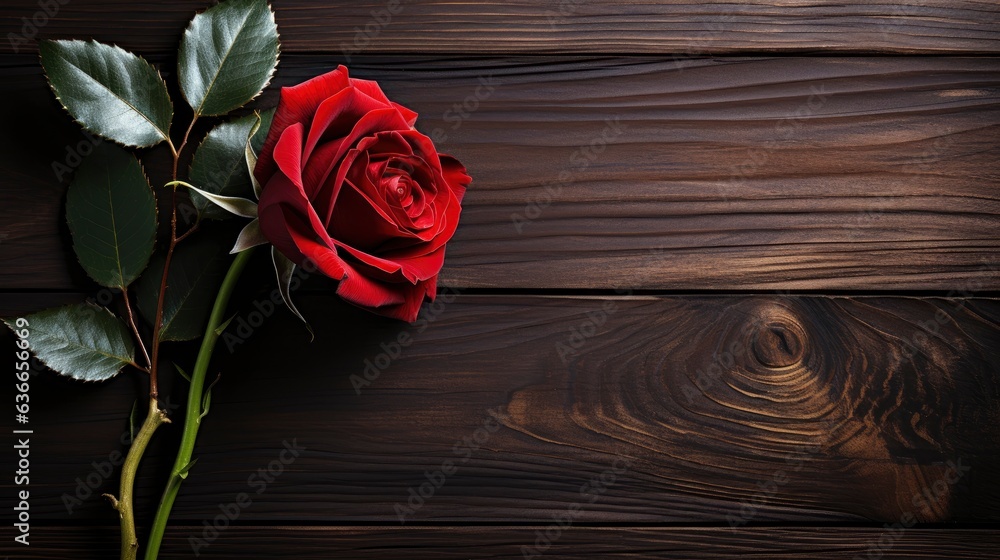 Rose on wood table, topview, Generative AI