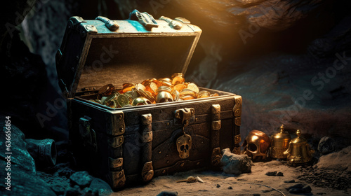 Pirates treasure chest in cave. Generative Ai