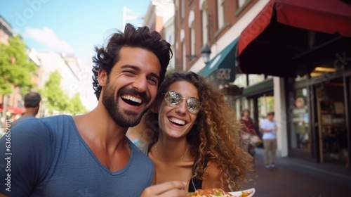 Portrait of happy and funny middle couple on vacation on food street in city, Generative AI