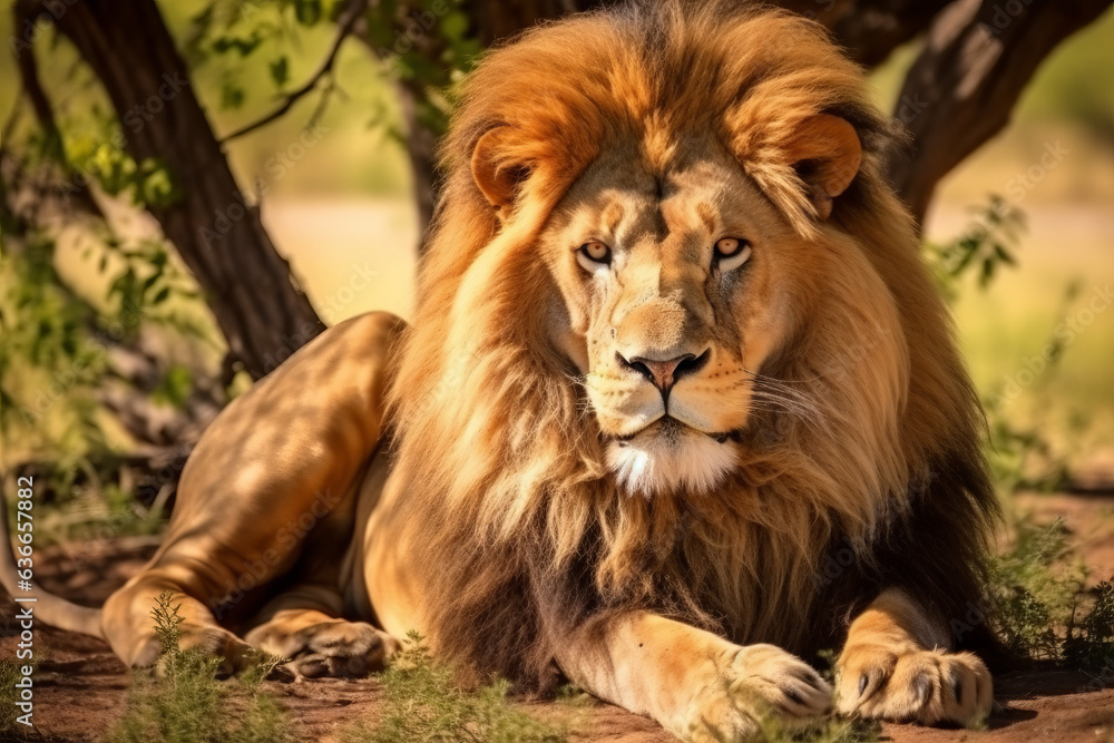 Big male African lion (Panthera leo) lying in the grass
Big male African lion (Panthera leo) lying in the grass