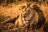 Big male African lion (Panthera leo) lying in the grass

