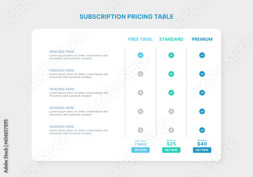 Subscription Pricing Table Packages Comparison Infographic Template with 3 Plans