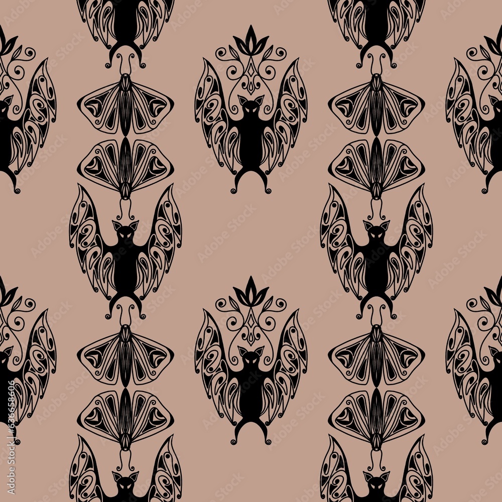 Seamless pattern of bats and moths in gothic style on beige background. For wallpapers, wrapping paper, fabric, textile, any Halloween-themed packaging and decor