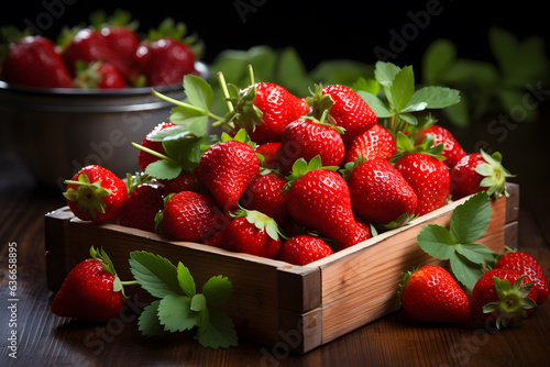 Fresh strawberries in a wooden box on a dark background. Selective focus.