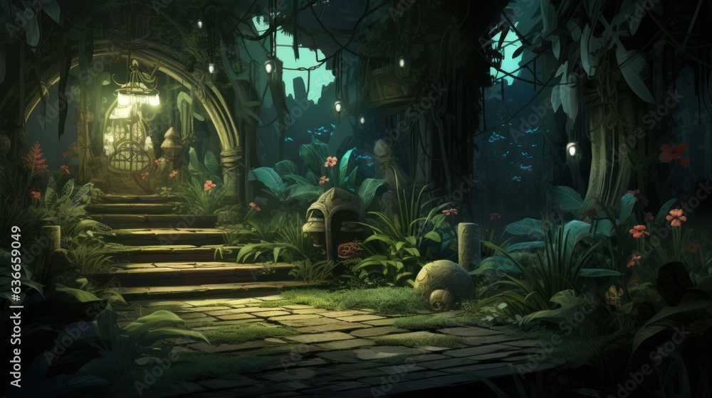 Illustrate a scene where a botanist tends to otherworldly plants, each with unique and magical properties, in a hidden garden game art