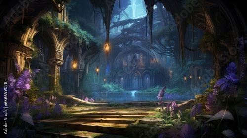 Illustrate a scene where a botanist tends to otherworldly plants, each with unique and magical properties, in a hidden garden game art