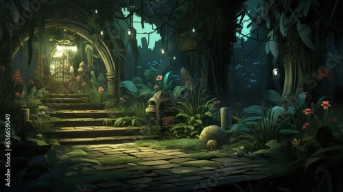 Illustrate a scene where a botanist tends to otherworldly plants  each with unique and magical properties  in a hidden garden game art