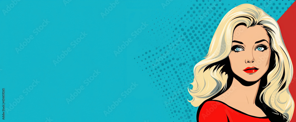 Beautiful young blonde woman in retro pop art comic style, copy space. Created using generative AI technology. Beautiful young blonde woman in retro pop art comic style, copy space. Created using generative AI technology.