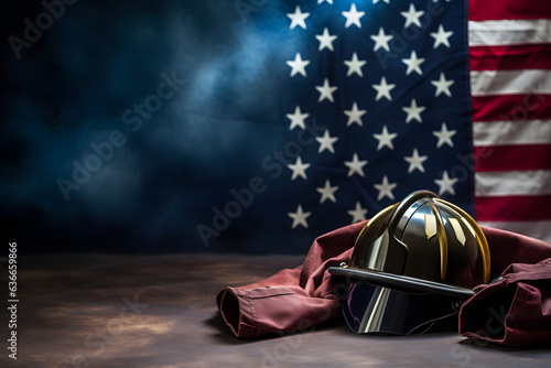 A firefighters helmet and an American flag photo
