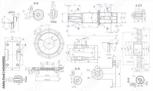 Vector engineering drawing of a steel mechanical parts with through holes.
Industrial cad scheme on white paper sheets. Technology background.