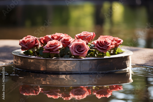 A memorial fountain or reflecting pool with flowers 