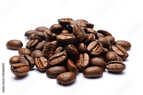 Roasted coffee beans on a white background.
