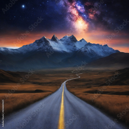 Land road leading towards mountains and the milky way