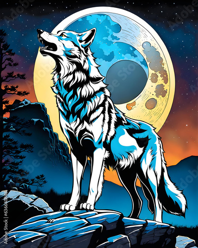 color comic art drawing, a howling wolf on a rock at night, backlit by the full moon - generative ai photo