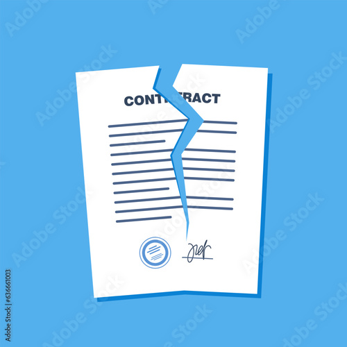 Broken contract or breach of agreement. Expired legal signed document, deal termination, cancellation or end of partnership, torn paper document. Vector illustration. photo