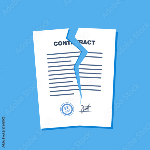 Broken contract or breach of agreement. Expired legal signed document, deal termination, cancellation or end of partnership, torn paper document. Vector illustration.