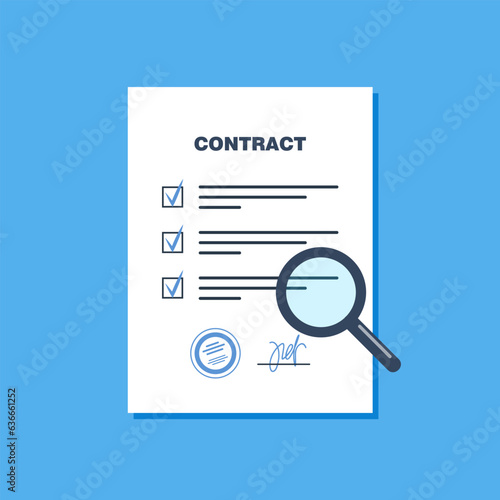 Document analysis or audit. Contract review concept. Magnifying glass, contract page with text. Symbol of information search. Vector illustration.