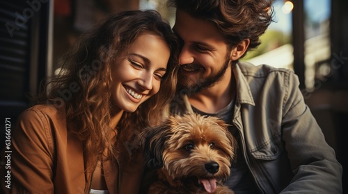 Happy young couple relaxing on balcony with dog..